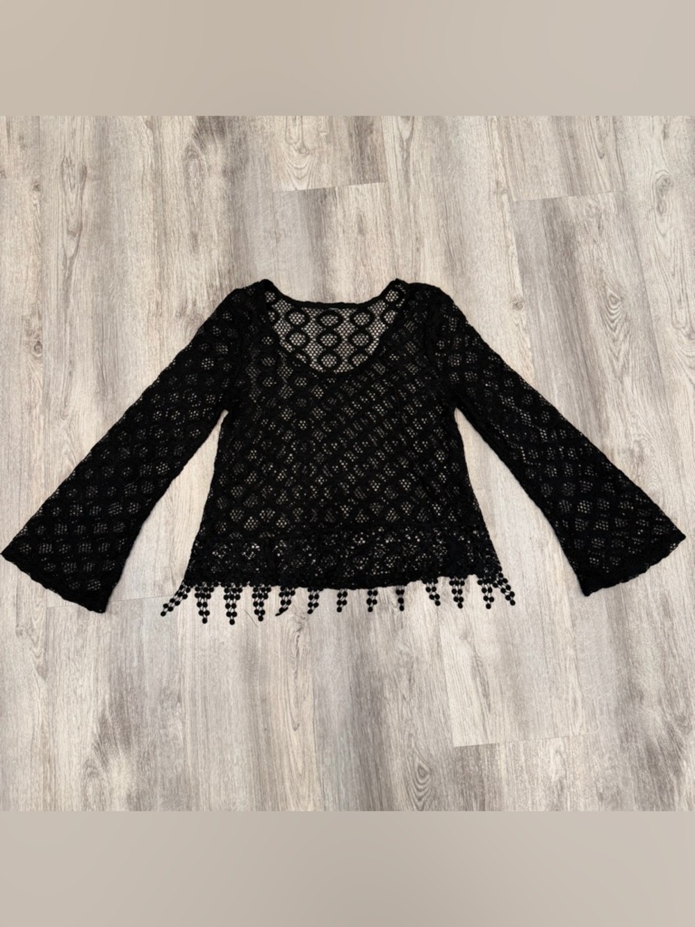 Black Lace Crochet Bell Sleeve Top Boho Sheer Fringe Hem